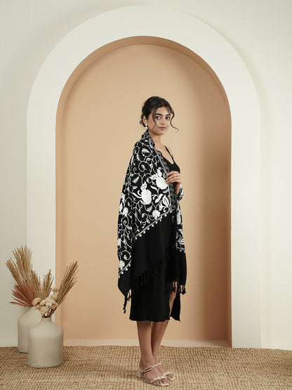 Floral Kashmiri Jaal Embroidery Warm Stole with Fringed Border | Black - view 3