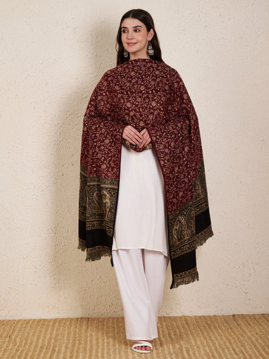 Woolen Kani Shawl with Intricate Kashmiri Paisley & Floral Woven Design (Maroon)