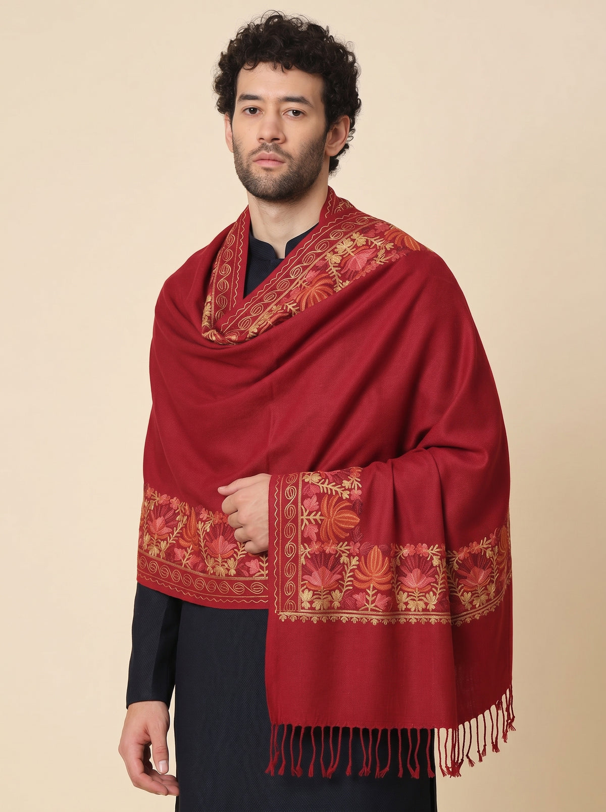 Kashmiri Aari Embroidery Woollen Stole for Men | Red - view 3