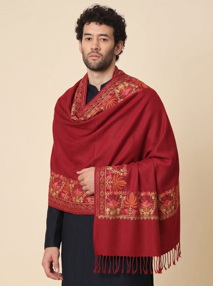 Kashmiri Aari Embroidery Woollen Stole for Men | Red - view 3