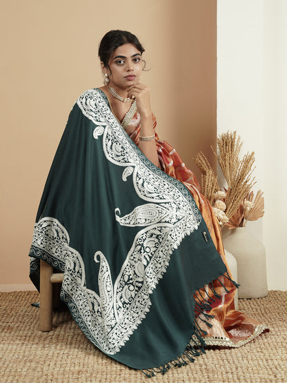 Floral Kashmiri Aari Embroidery Warm Stole with Fringed Border | Grey