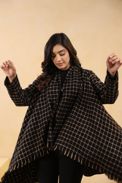 Women's Full Sleeve Woolen Checkered Shrug Cardigan | Black Check
