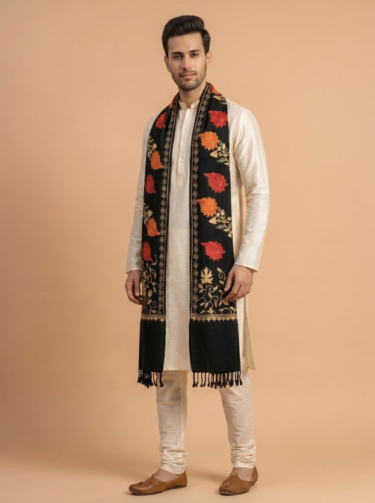 Kashmiri Aari Embroidery Woollen Stole for Men | Black