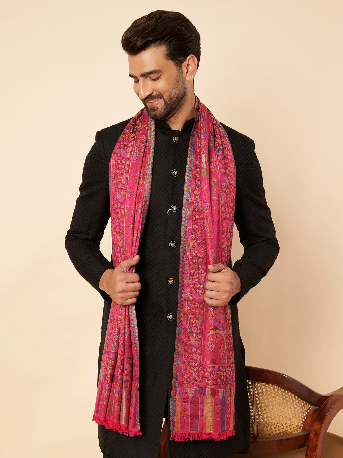 Kani Weave Lightweight Woolen Stole for Men | Magenta