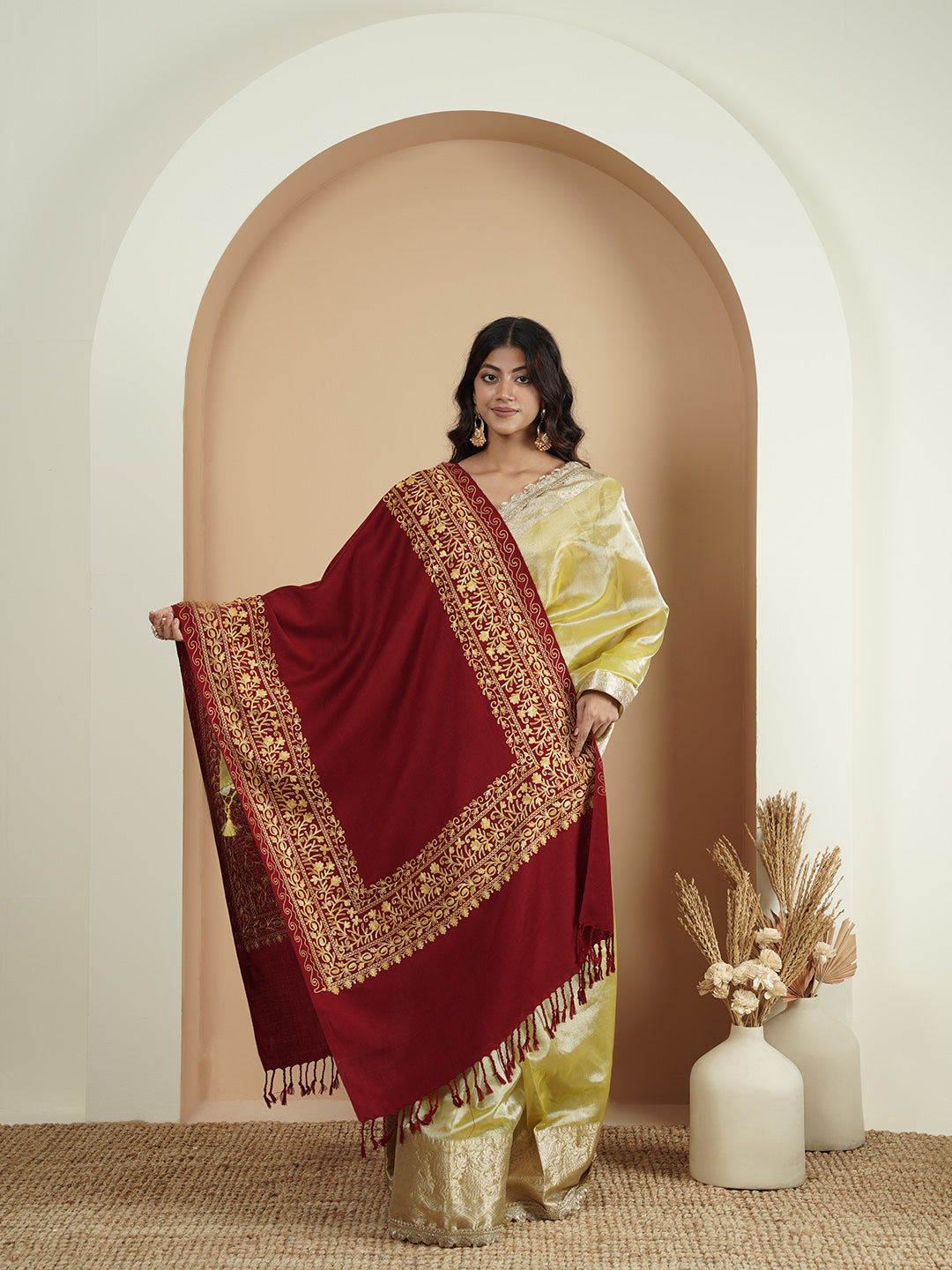 Floral Kashmiri Embroidery Warm Stole with Fringed Border | Red