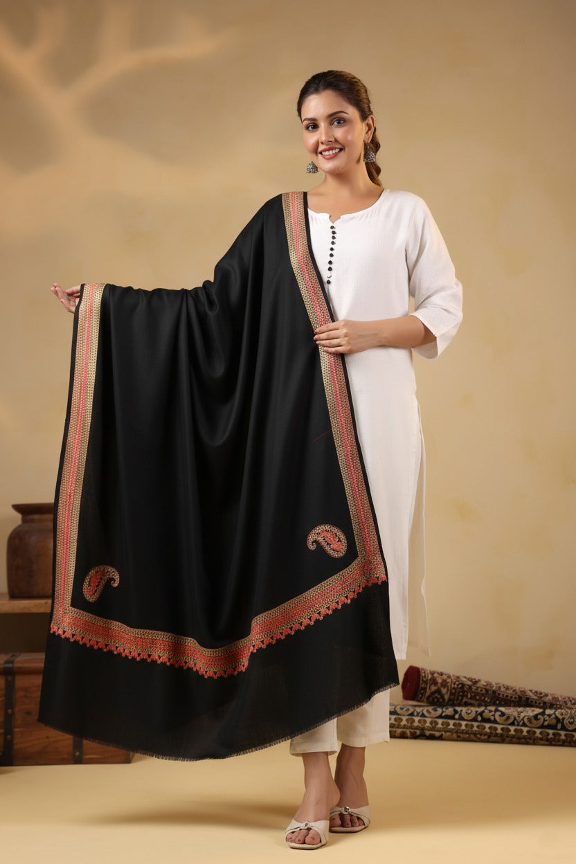 Kashmiri Sozni Zari Embroidery Shawl | Black