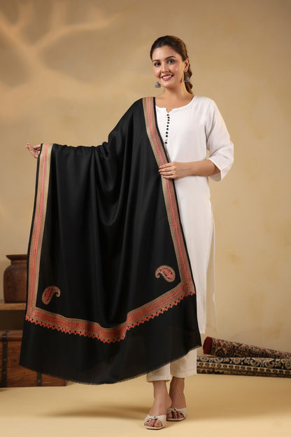 Kashmiri Sozni Zari Embroidery Shawl | Black