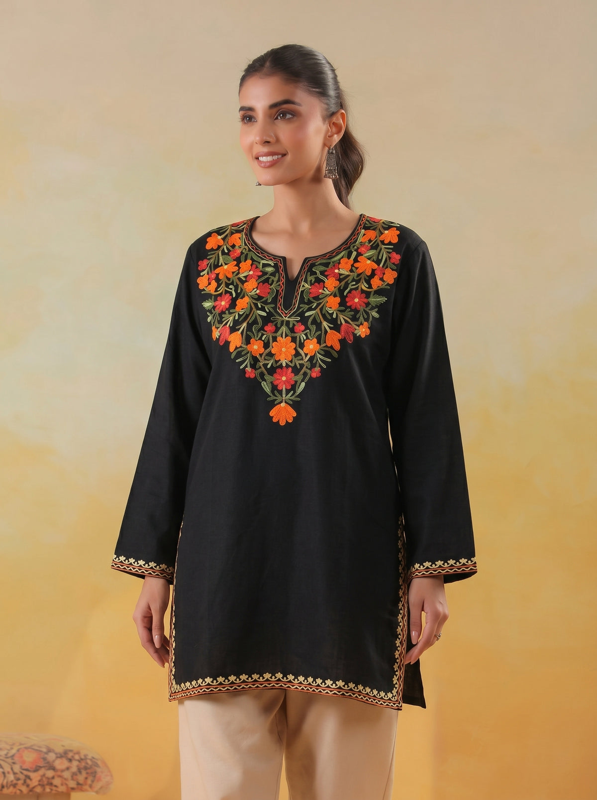 Women's Aari Floral Embroidered Woollen Kurta | Black - view 2