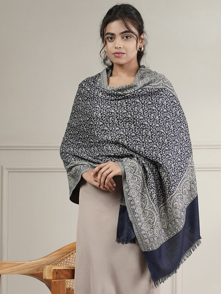 Floral All-over Kani Weave Woolen Stole with Paisley Border | Blue