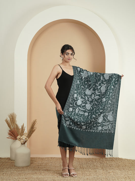 Floral Kashmiri Jaal Embroidery Warm Stole with Fringed Border | Grey