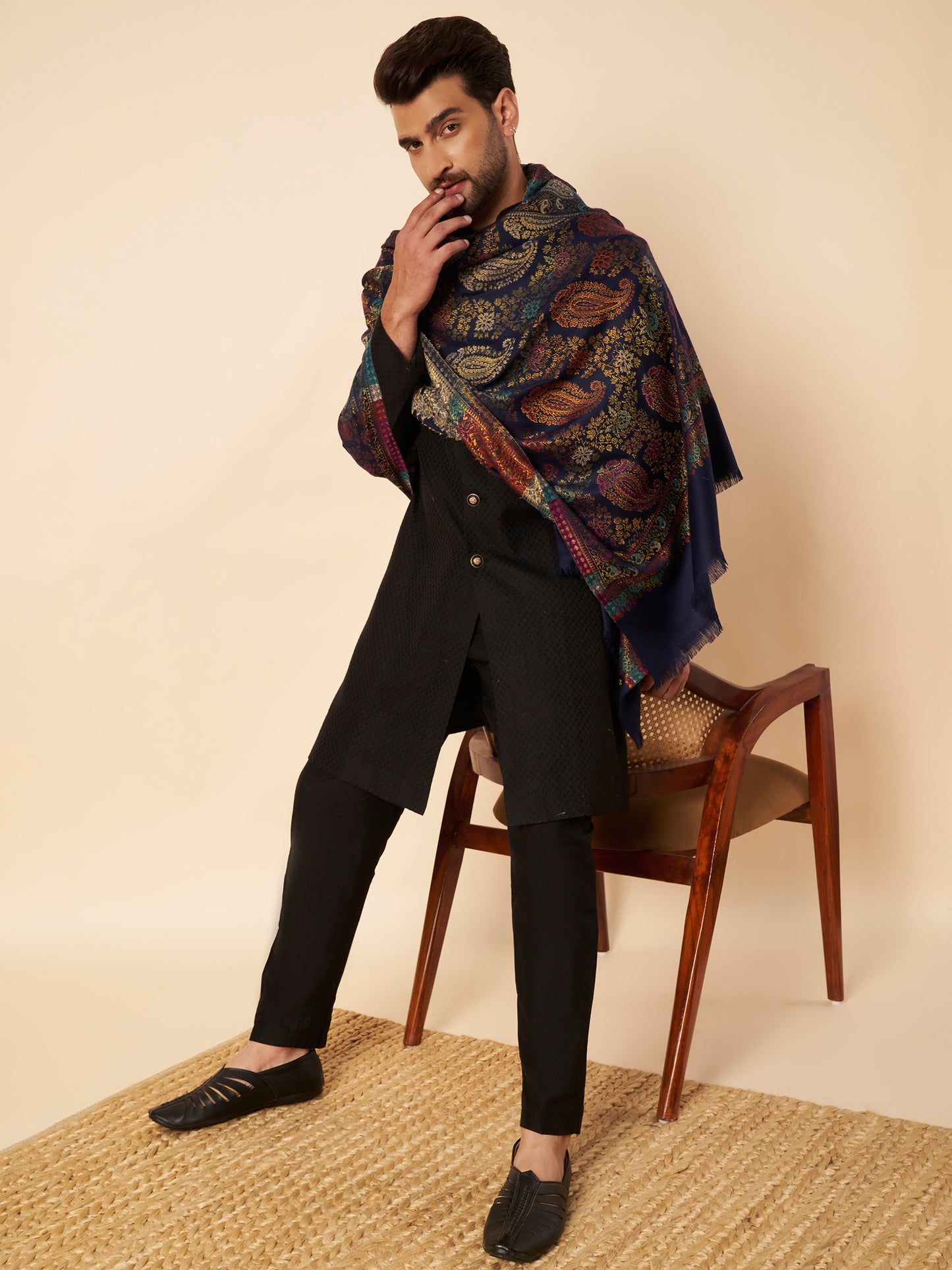 Multicolor Paisley Kani Weave with Zari Work | Navy Blue