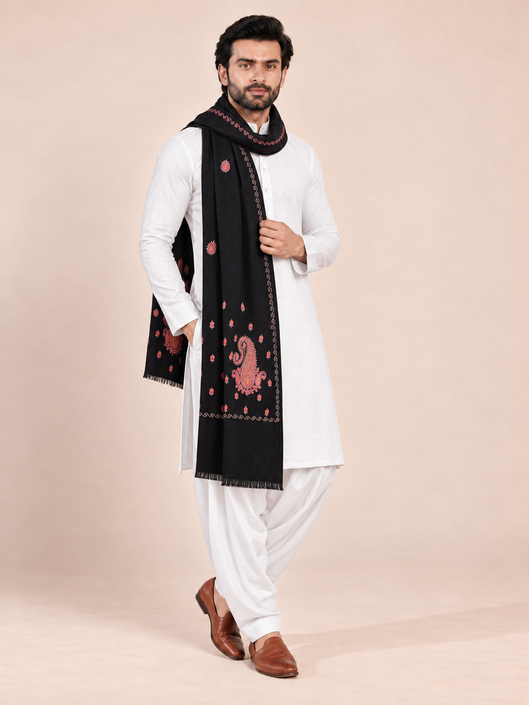 Fine Embroidery Paper Mache Kashmiri Wool Shawl for Men | Black - view 3