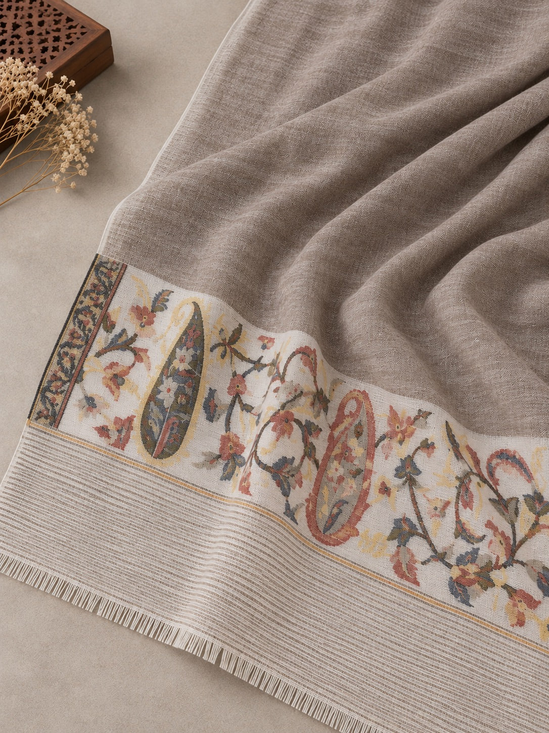 Ultra Soft Fine-Wool Kani Woven Stole for Men | Taupe - view 5