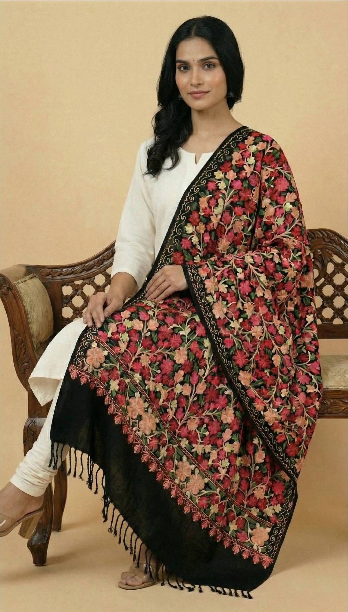 Kashmiri Aari Embroidery Woollen Stole for Women | Black - view 4