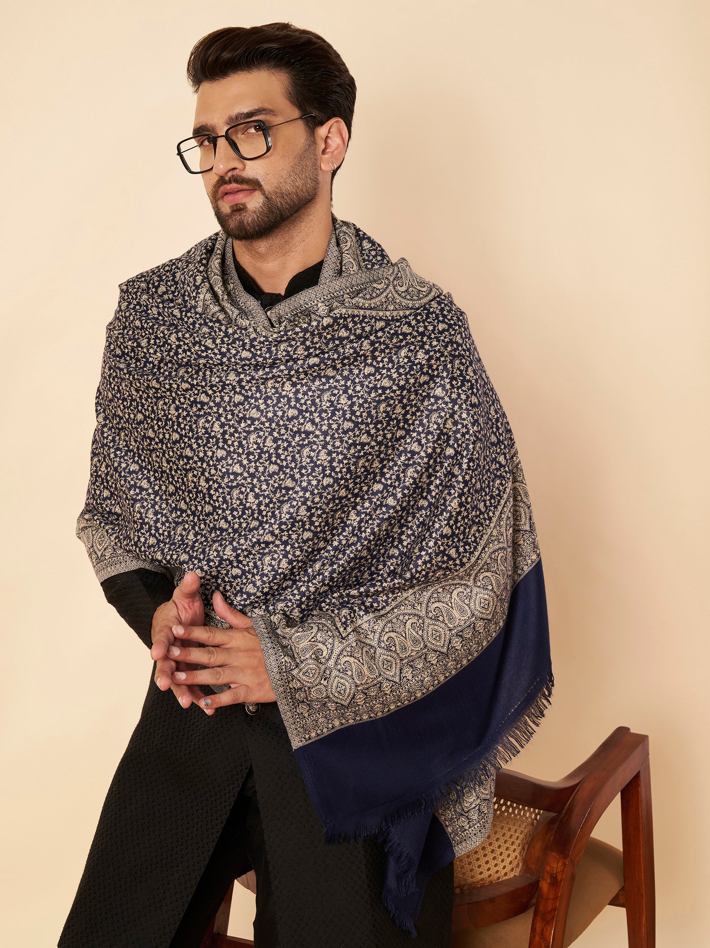 Floral All-over Kani Weave Woolen Stole with Paisley Border | Blue