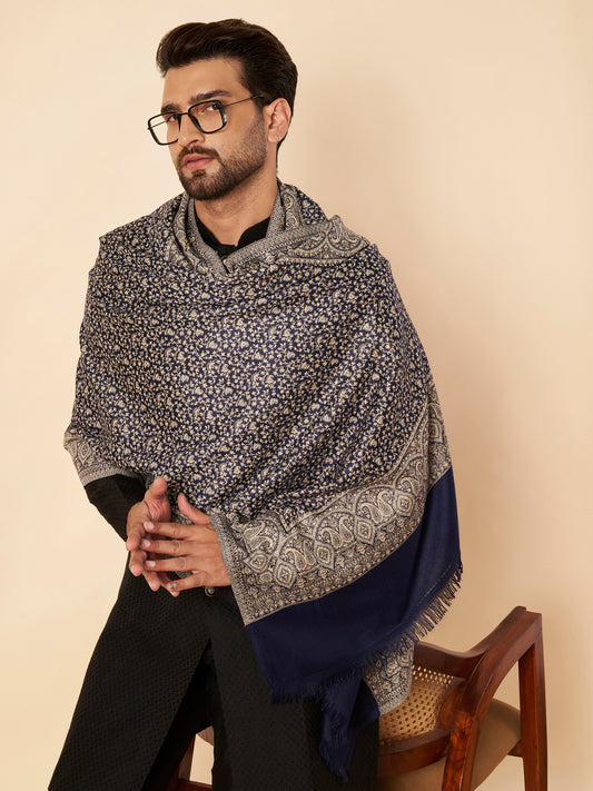 Floral All-over Kani Weave Woolen Stole with Paisley Border | Blue