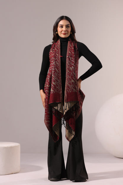 Women's Sleeveless Zari Pattern Shrug Cardigan | Maroon