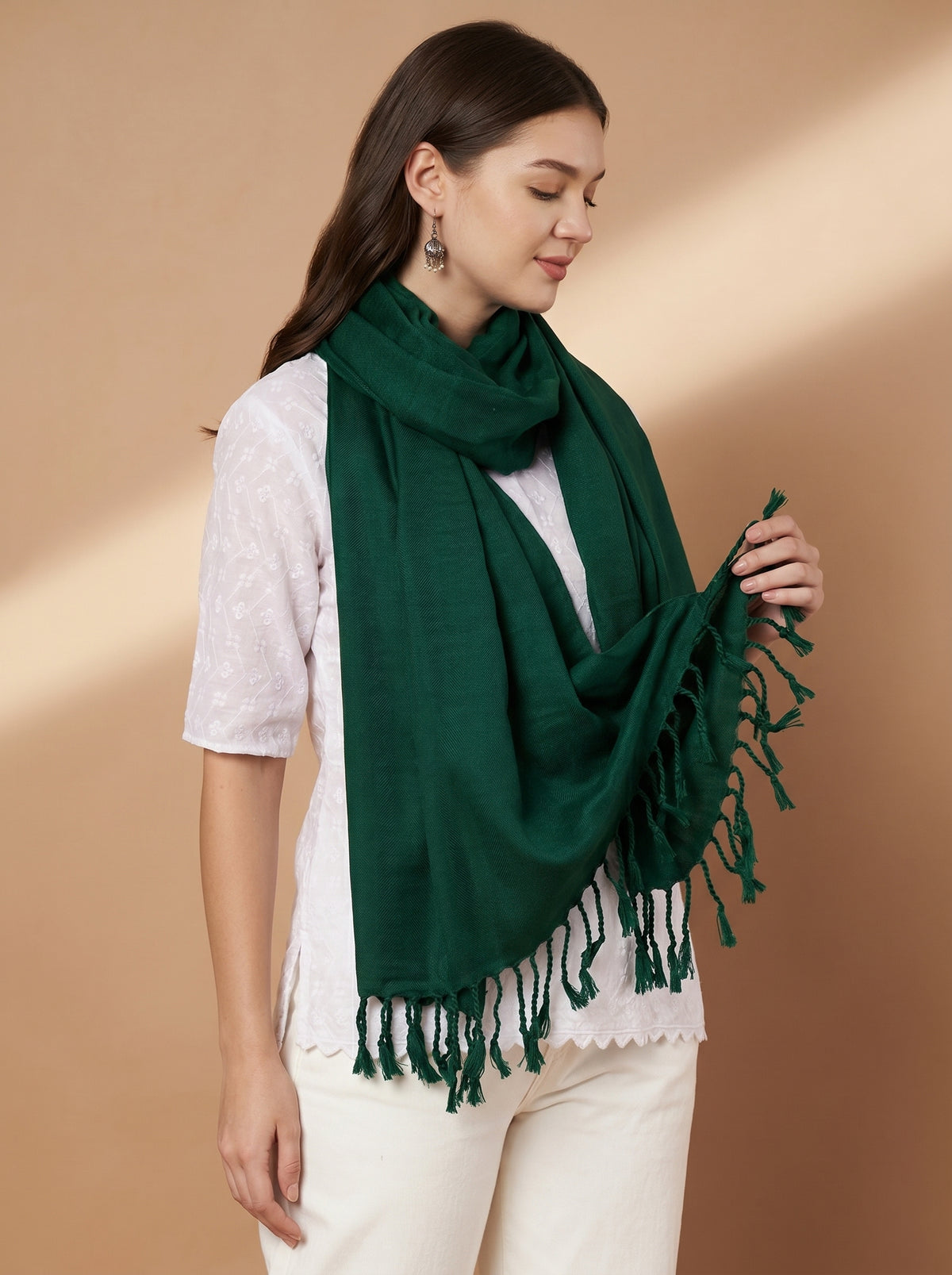 Plain Bottle Green Woolen Stole for Women | Bottle Green - view 5