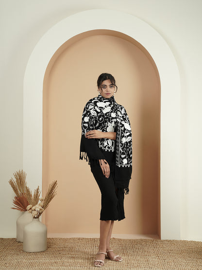 Floral Kashmiri Jaal Embroidery Warm Stole with Fringed Border | Black - view 5