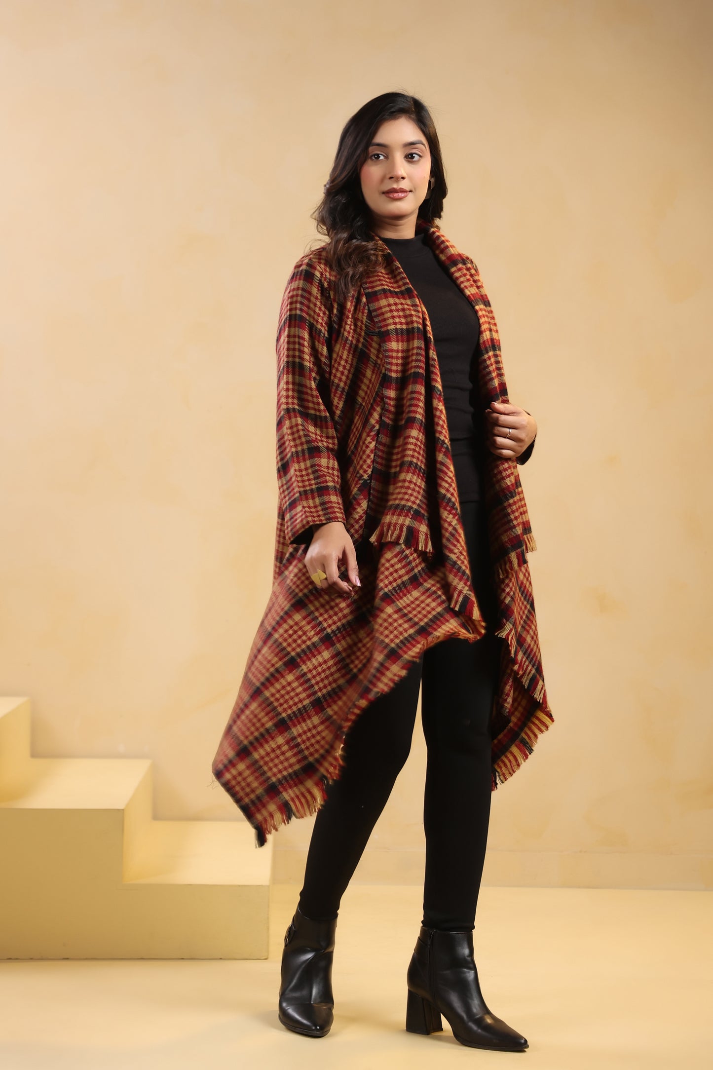 Women's Full Sleeve Woolen Checkered Shrug Cardigan | Maroon Check
