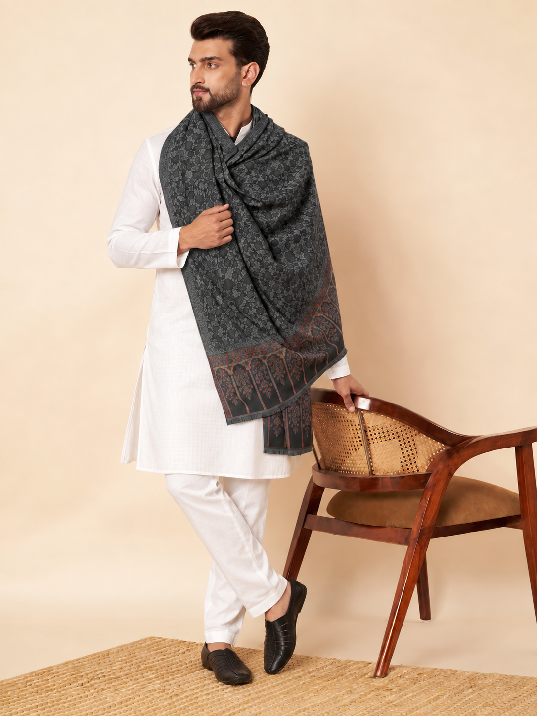 Kani Floral Weave Soft Woolen Shawl for Men | Black - view 4
