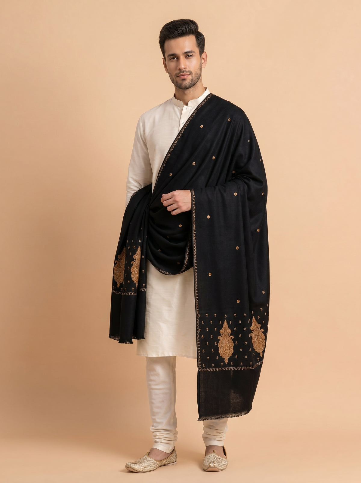 Fine Embroidery Paper Mache Kashmiri Wool Shawl for Men | Black - view 3