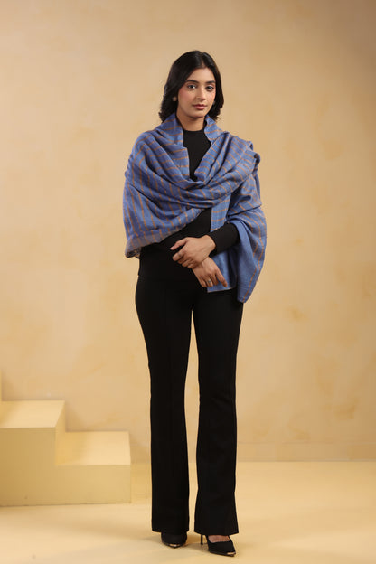 Fine Wool Horizontal Zari Stripes Stole | Blue