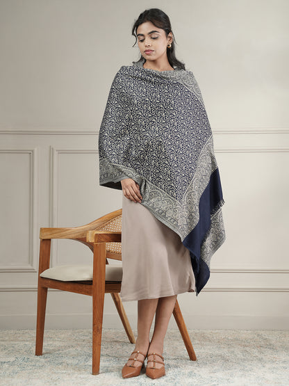 Floral All-over Kani Weave Woolen Stole with Paisley Border | Blue