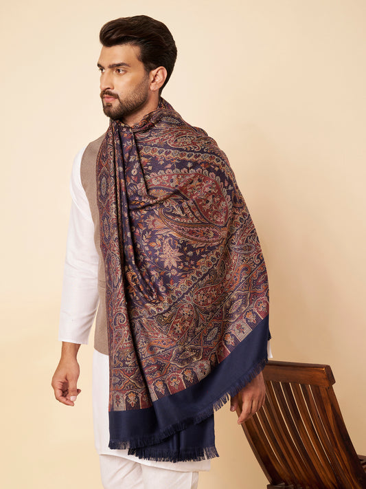 Warm Faux Pashmina Floral Jacquard Woven Jamawar Shawl (Navy Blue)