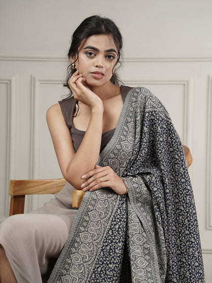 Floral All-over Kani Weave Woolen Stole with Paisley Border | Blue