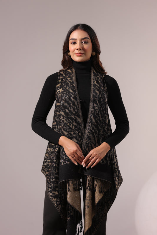 Women's Sleeveless Zari Pattern Shrug Cardigan | Black