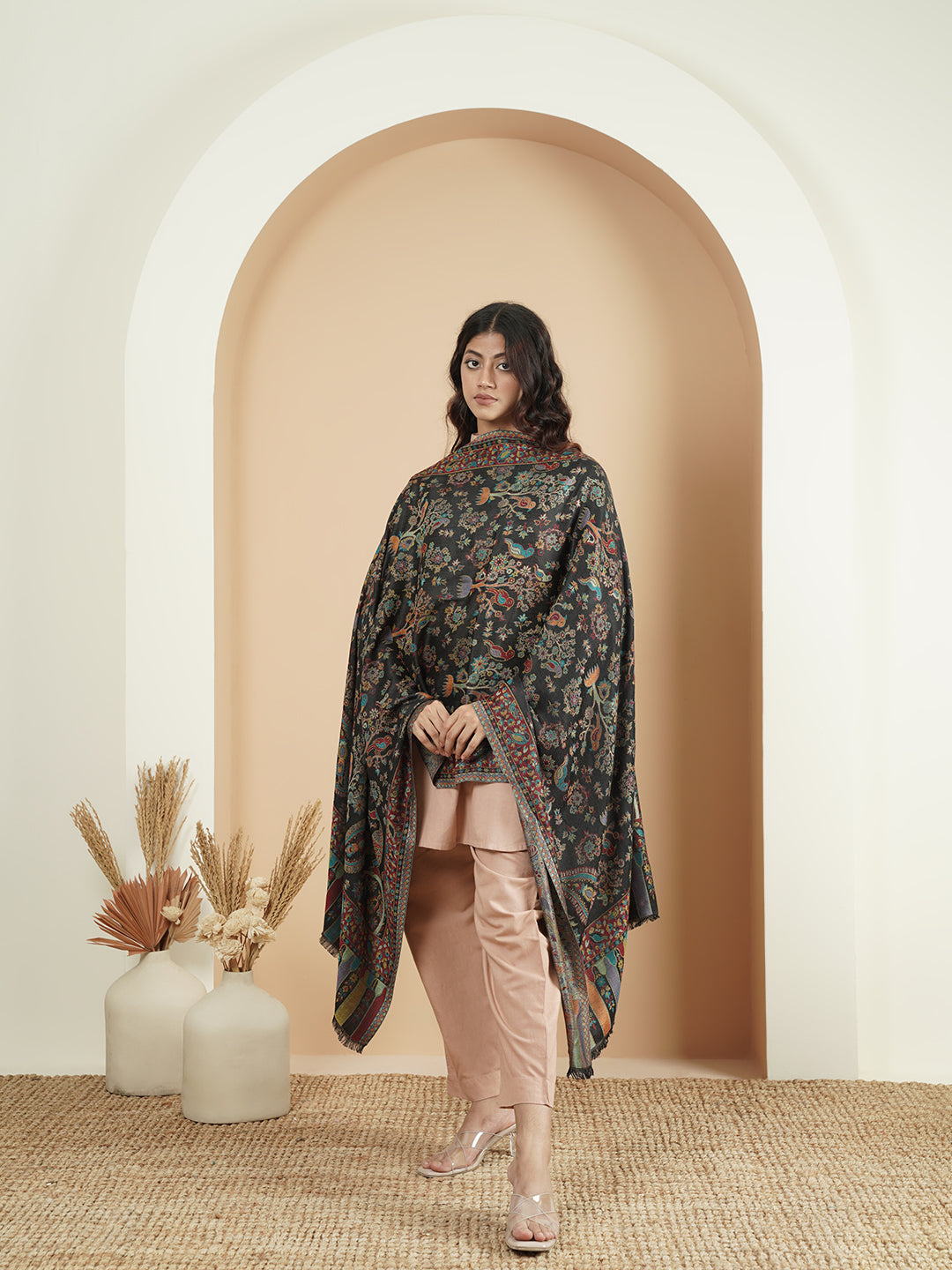 Kani Floral Weave Soft Woolen Stole for Women | Black