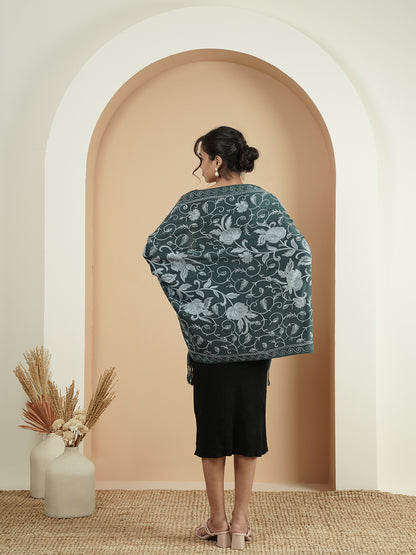 Floral Kashmiri Jaal Embroidery Warm Stole with Fringed Border | Grey