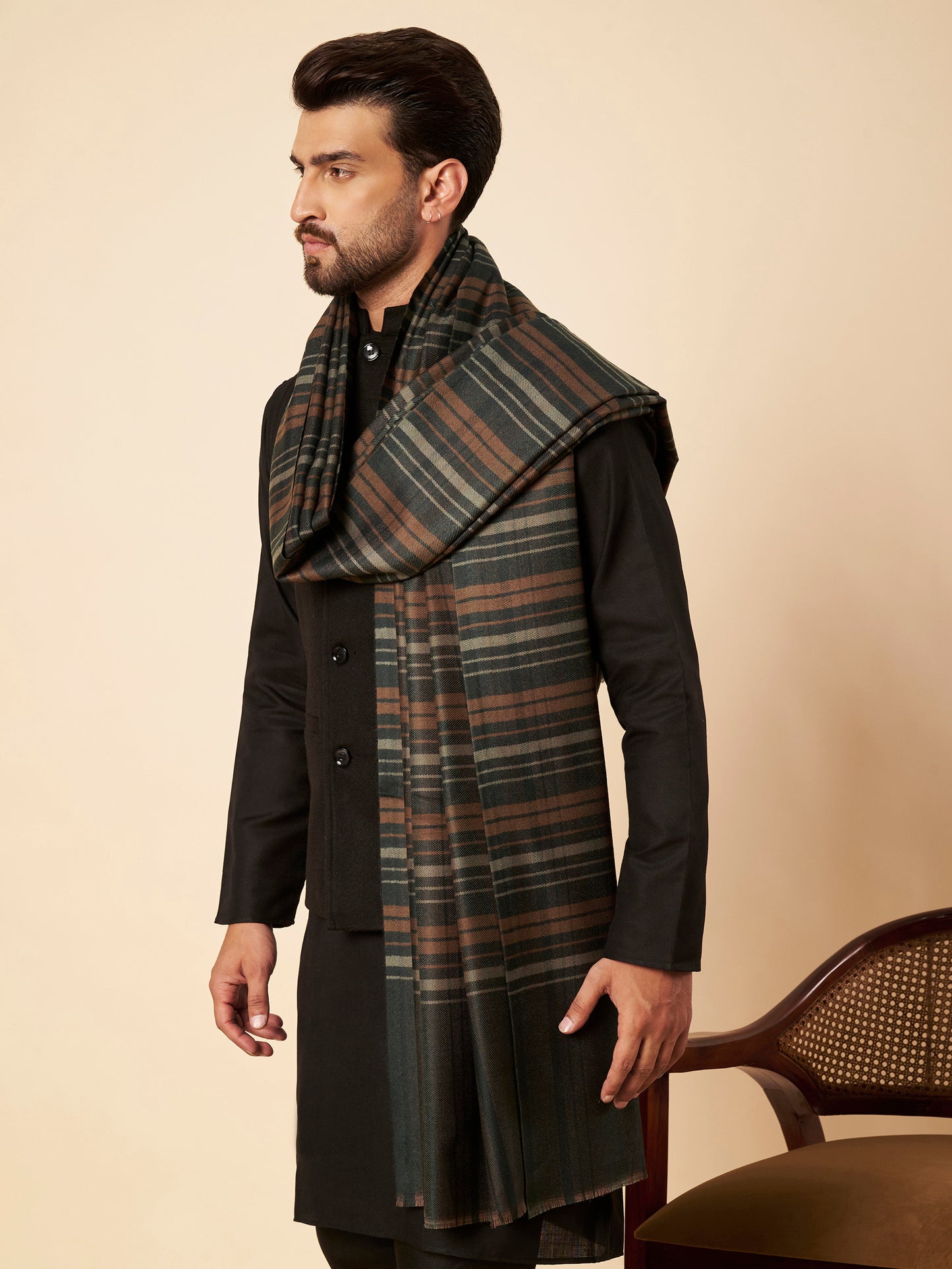 Men's Woollen Lohi Shawl | Grey Stripe
