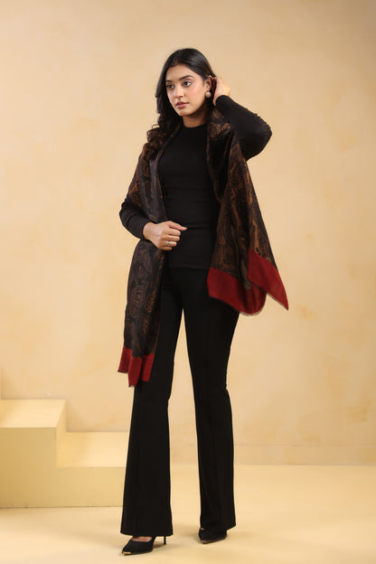 Fine Wool Black Zari Design Stole with Red Border