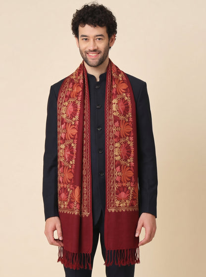 Kashmiri Aari Embroidery Woollen Stole for Men | Red - view 2