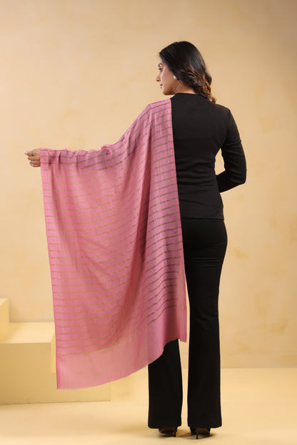 Fine Wool Horizontal Zari Stripes Stole | Pink