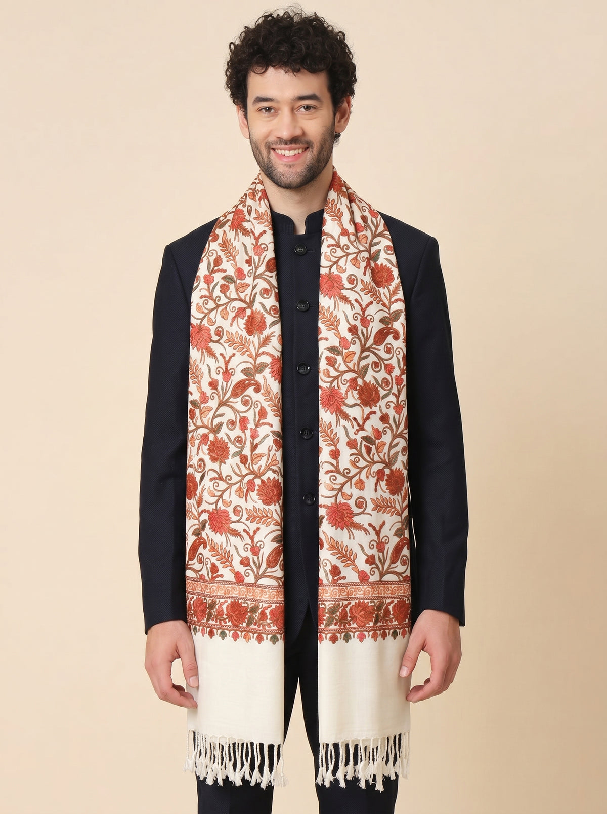 Kashmiri Aari Embroidery Woollen Stole for Men | Off White - view 2