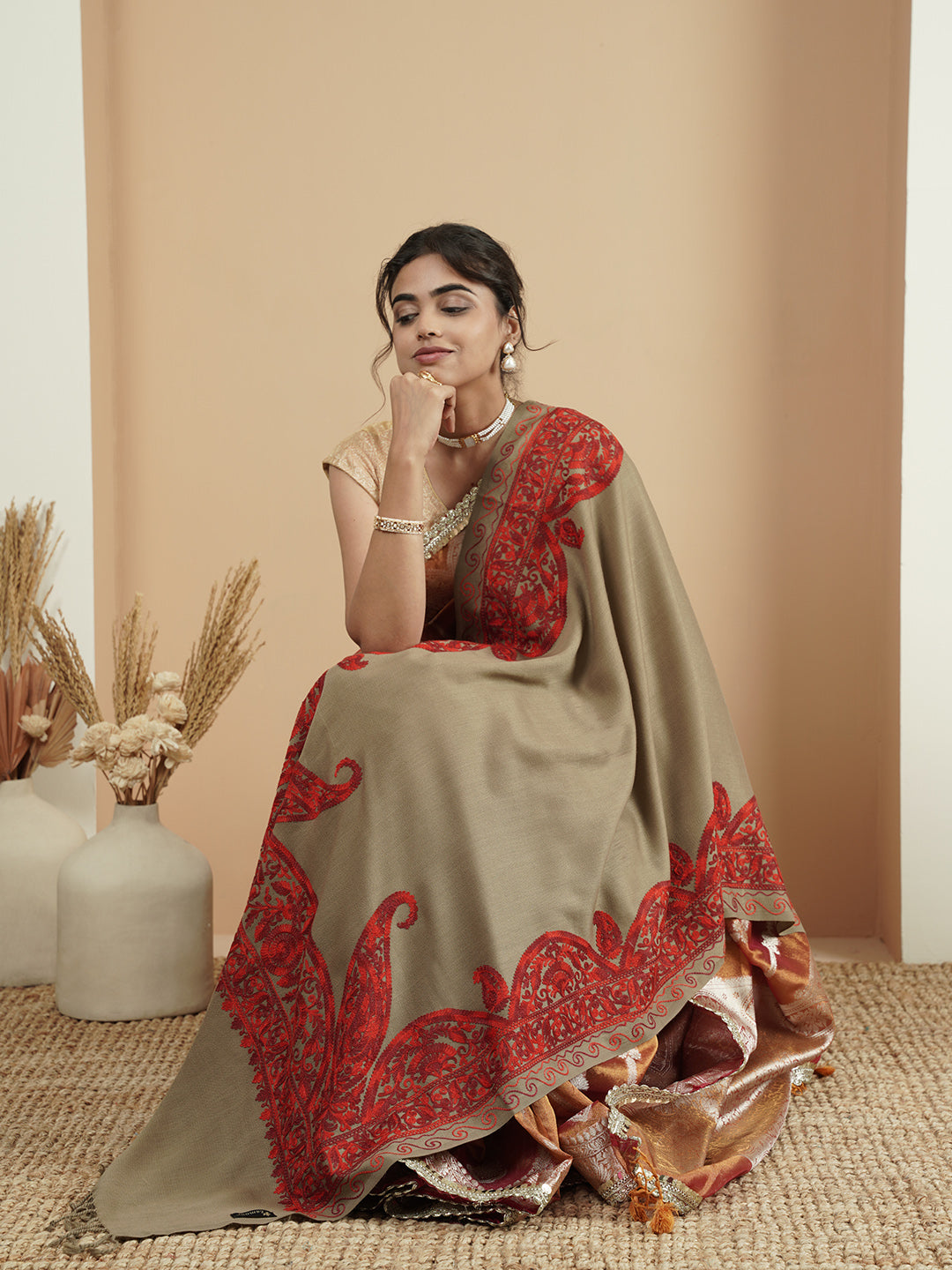 Floral Kashmiri Aari Embroidery Warm Stole with Fringed Border | Brown