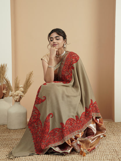 Floral Kashmiri Aari Embroidery Warm Stole with Fringed Border | Brown