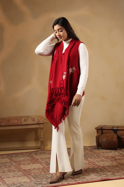 Women's Sleeveless Floral Zari Embroidery Shrug Cardigan | Red