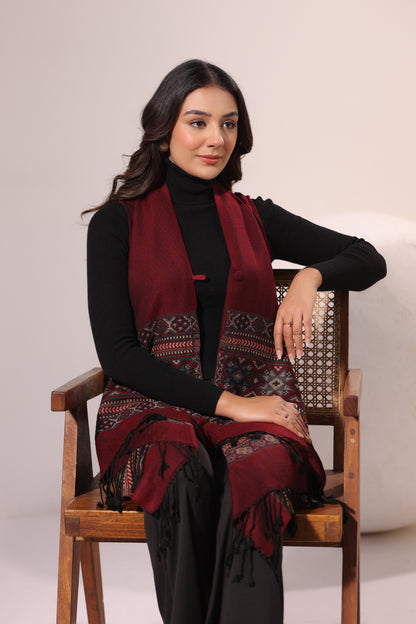 Women's Sleeveless Kullu Pattern Shrug Cardigan | Maroon