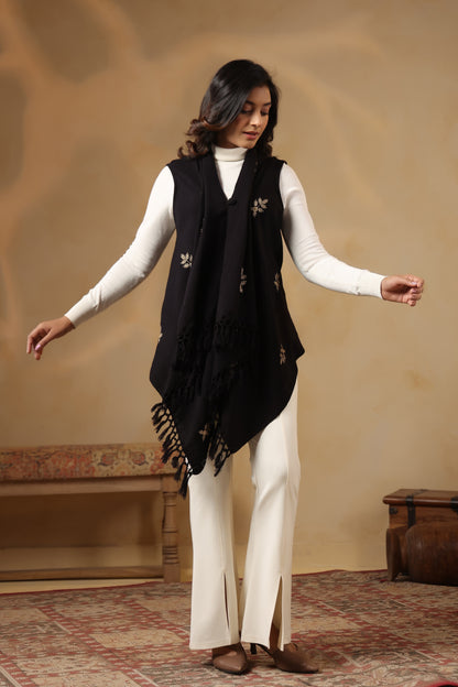 Women's Sleeveless Floral Zari Embroidery Shrug Cardigan | Black
