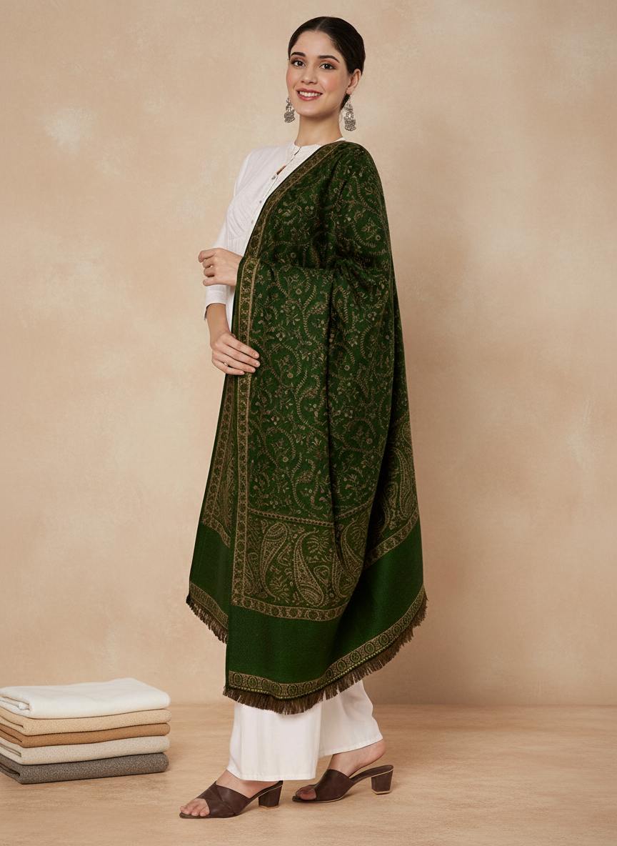 Woollen Kani Shawl with Intricate Kashmiri Paisley & Floral Woven Design | Green