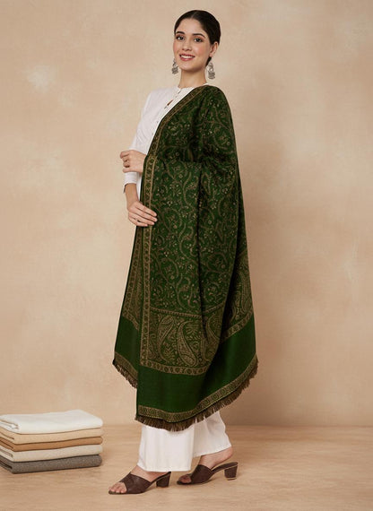 Woollen Kani Shawl with Intricate Kashmiri Paisley & Floral Woven Design | Green