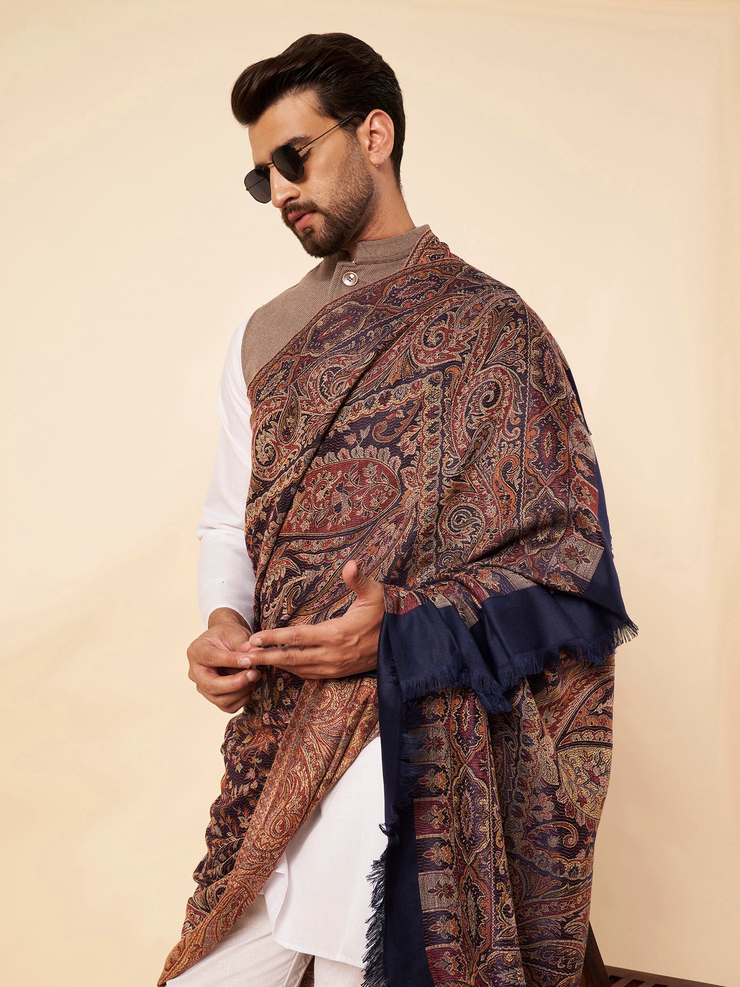 Warm Faux Pashmina Floral Jacquard Woven Jamawar Shawl (Navy Blue)