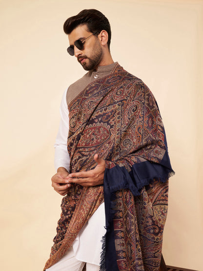Warm Faux Pashmina Floral Jacquard Woven Jamawar Shawl (Navy Blue)