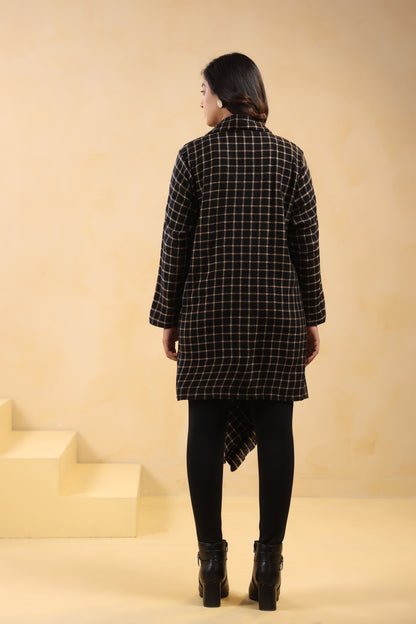 Women's Full Sleeve Woolen Checkered Shrug Cardigan | Black Check
