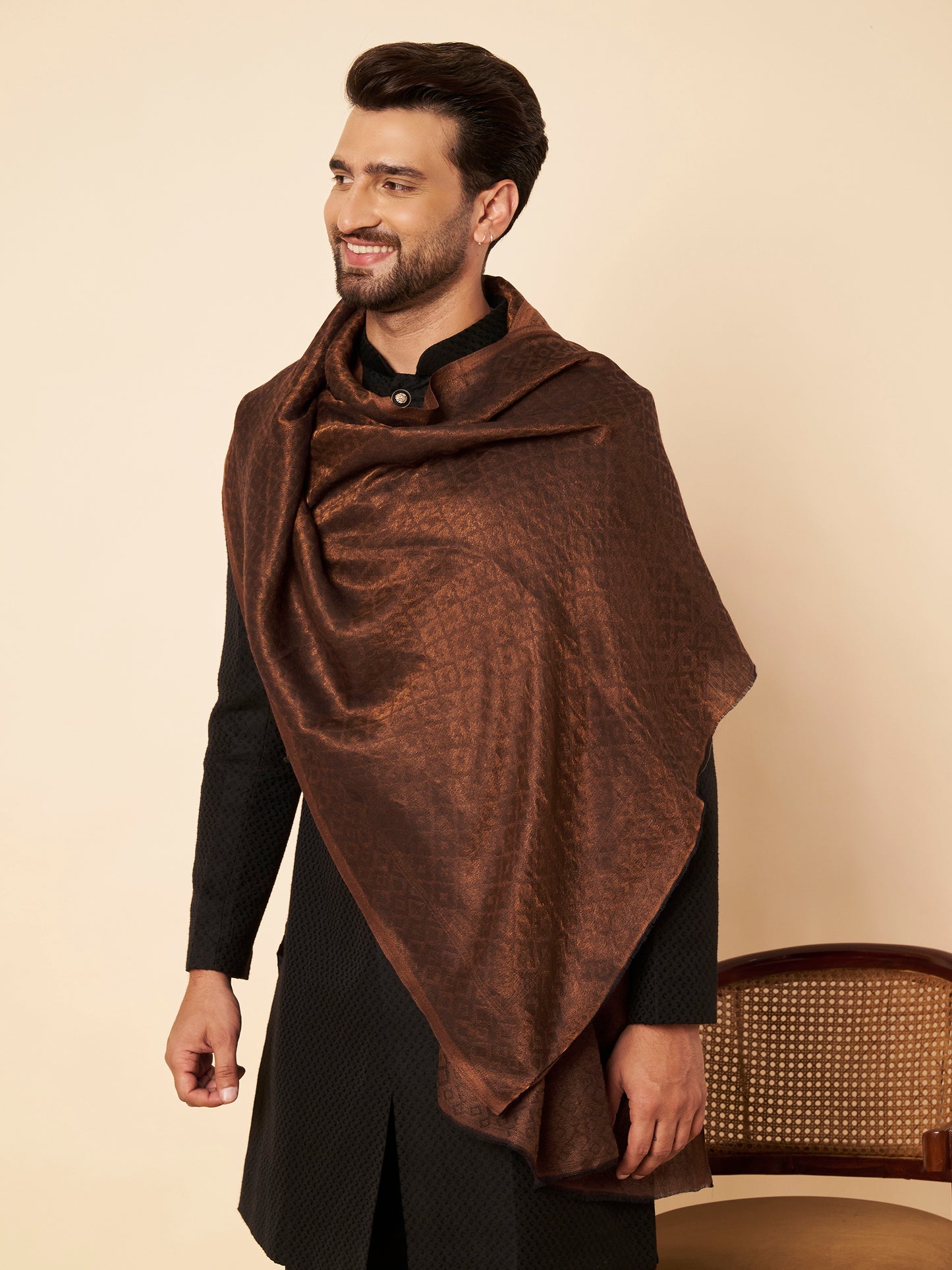 Fine Wool Solid Self Design Zari Stole | Brown