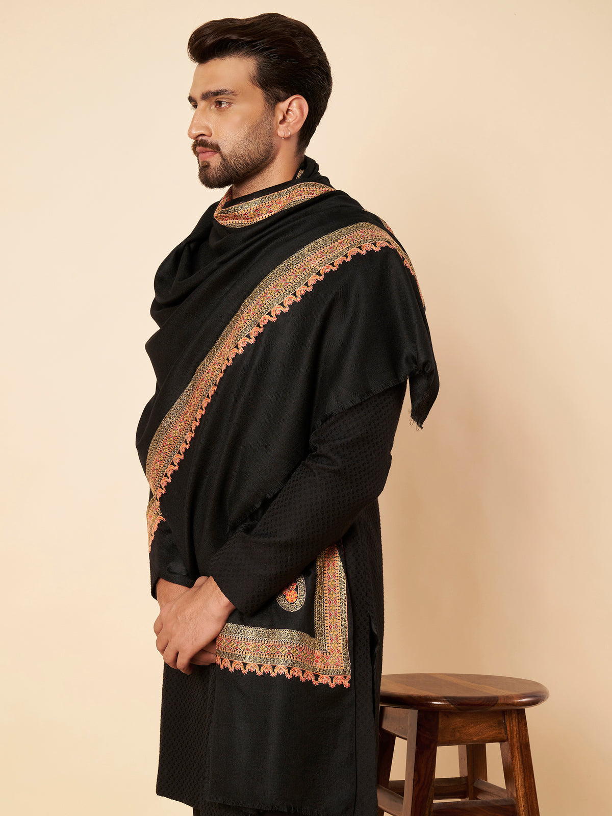 Pure Wool Shawl with Royal Kashmiri Sozni Embroidery and Zari Border - view 5